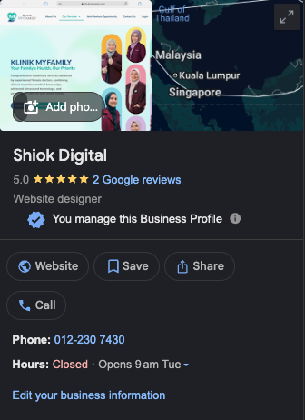 Profil Perniagaan Google Shiok Digital yang memaparkan rating 5.0 daripada 2 review Google, kategori Website designer, butang Website dan Call, nombor telefon dan waktu operasi