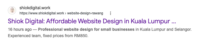 Hasil carian Google untuk website Shiok Digital bertajuk Affordable Website Design in Kuala Lumpur, dengan penerangan tentang bisnes kecil di Kuala Lumpur dan Selangor dan harga bermula RM850