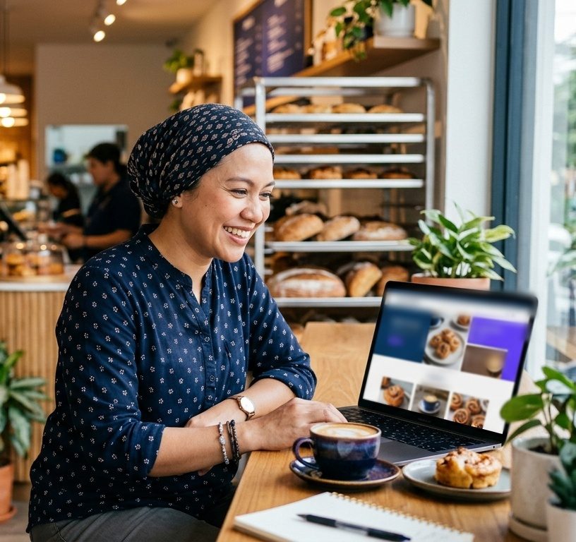 Smiling Malaysian bakery owner looking at her new business website on a laptop