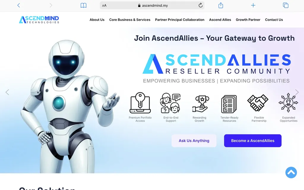 AscendMind Technologies website homepage, technology company website designed by Shiok Digital
