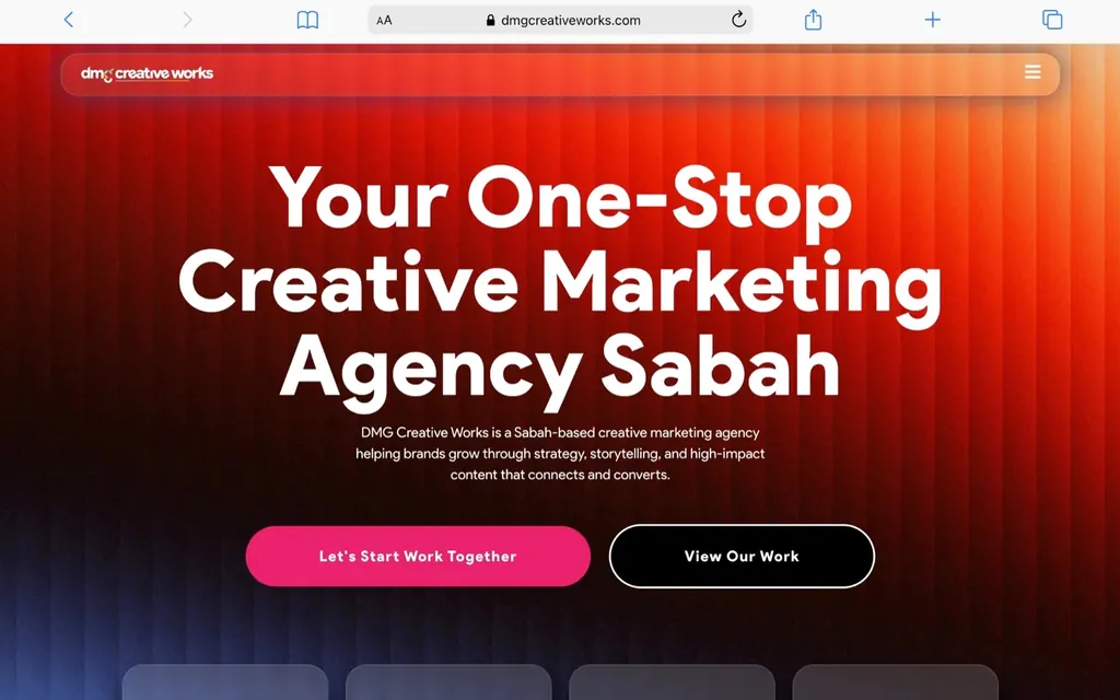 DMG Creative Works website homepage, creative marketing agency website in Sabah designed by Shiok Digital