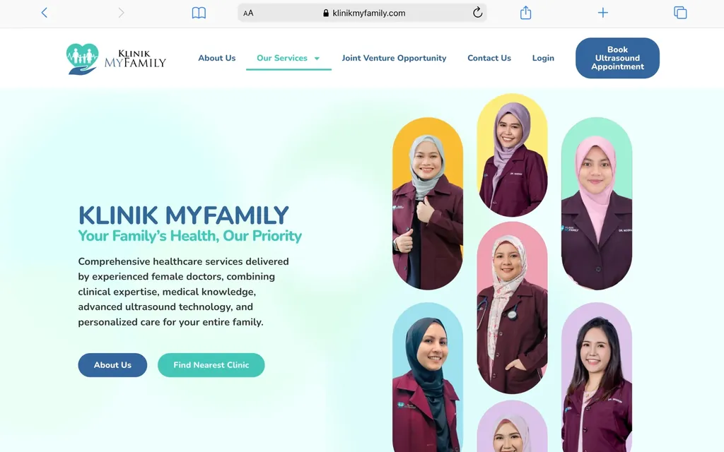 Klinik MyFamily website homepage, medical clinic website designed by Shiok Digital