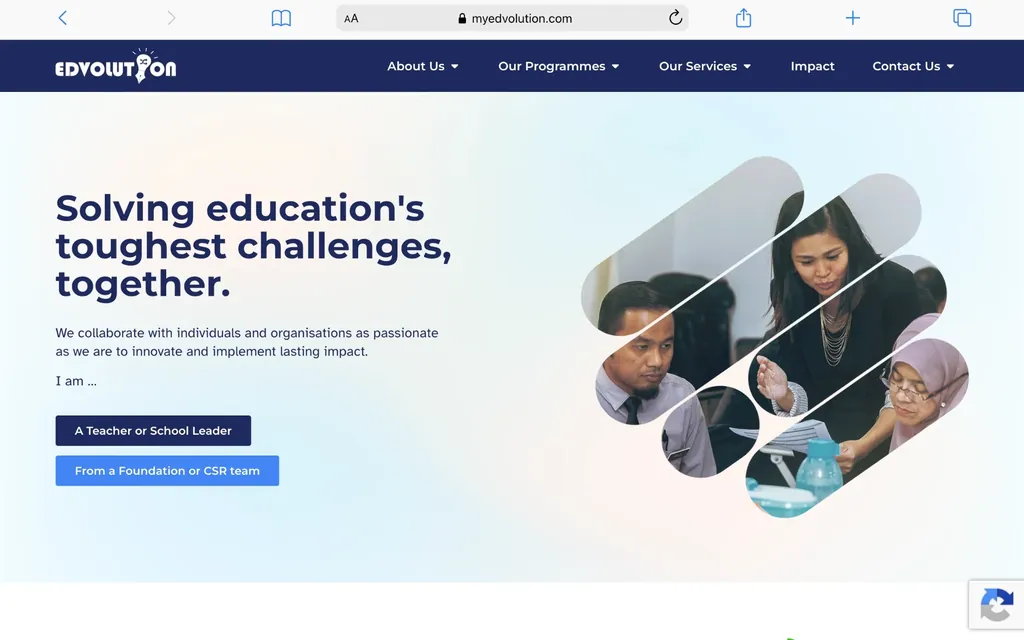 Edvolution website homepage, education organisation website designed by Shiok Digital