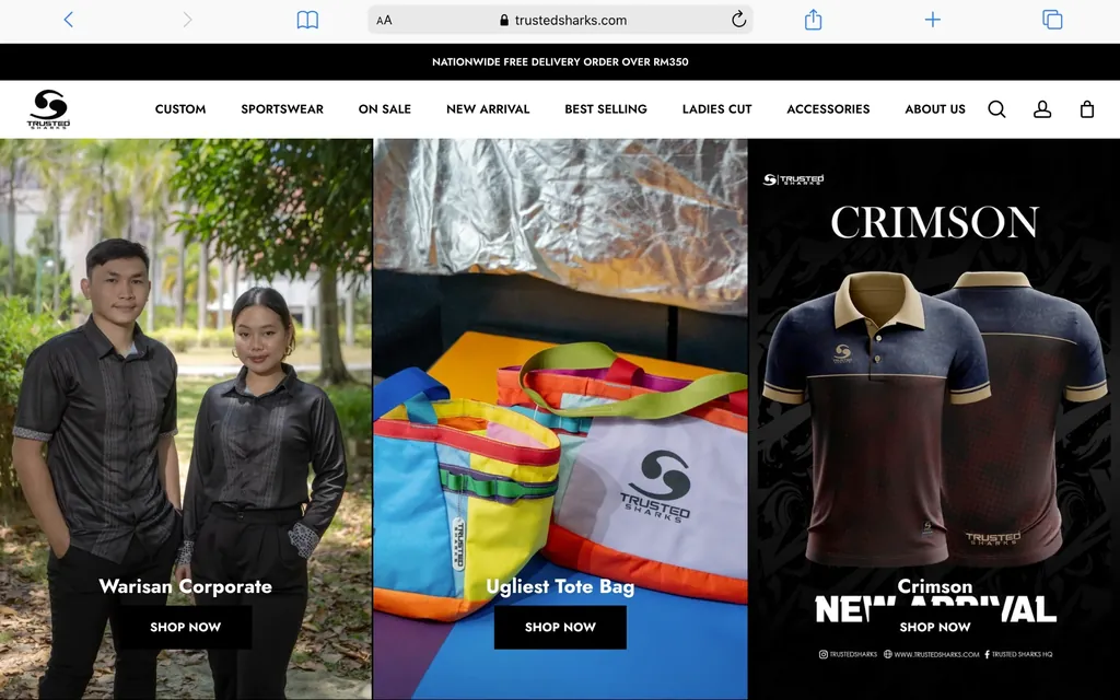 Trusted Sharks website homepage, apparel product website designed by Shiok Digital